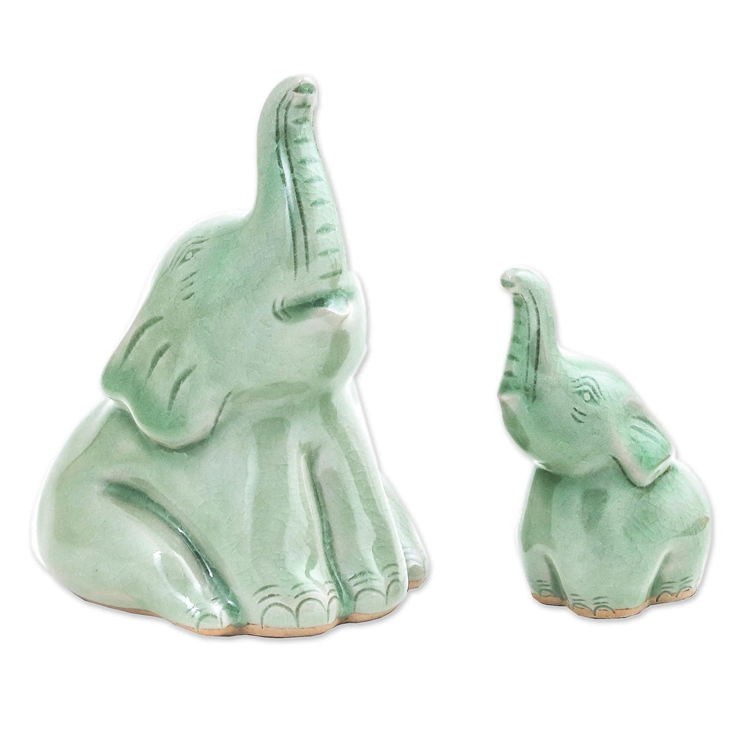 Celadon Ceramic Elephant Figurines from Thailand(Pair) - Mom and Baby