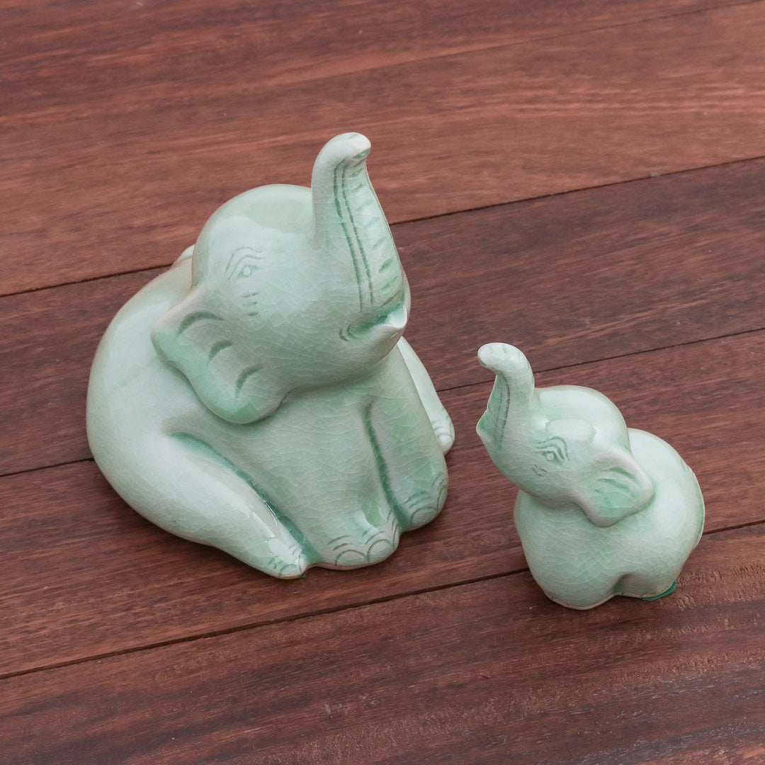 Celadon Ceramic Elephant Figurines from Thailand(Pair) - Mom and Baby