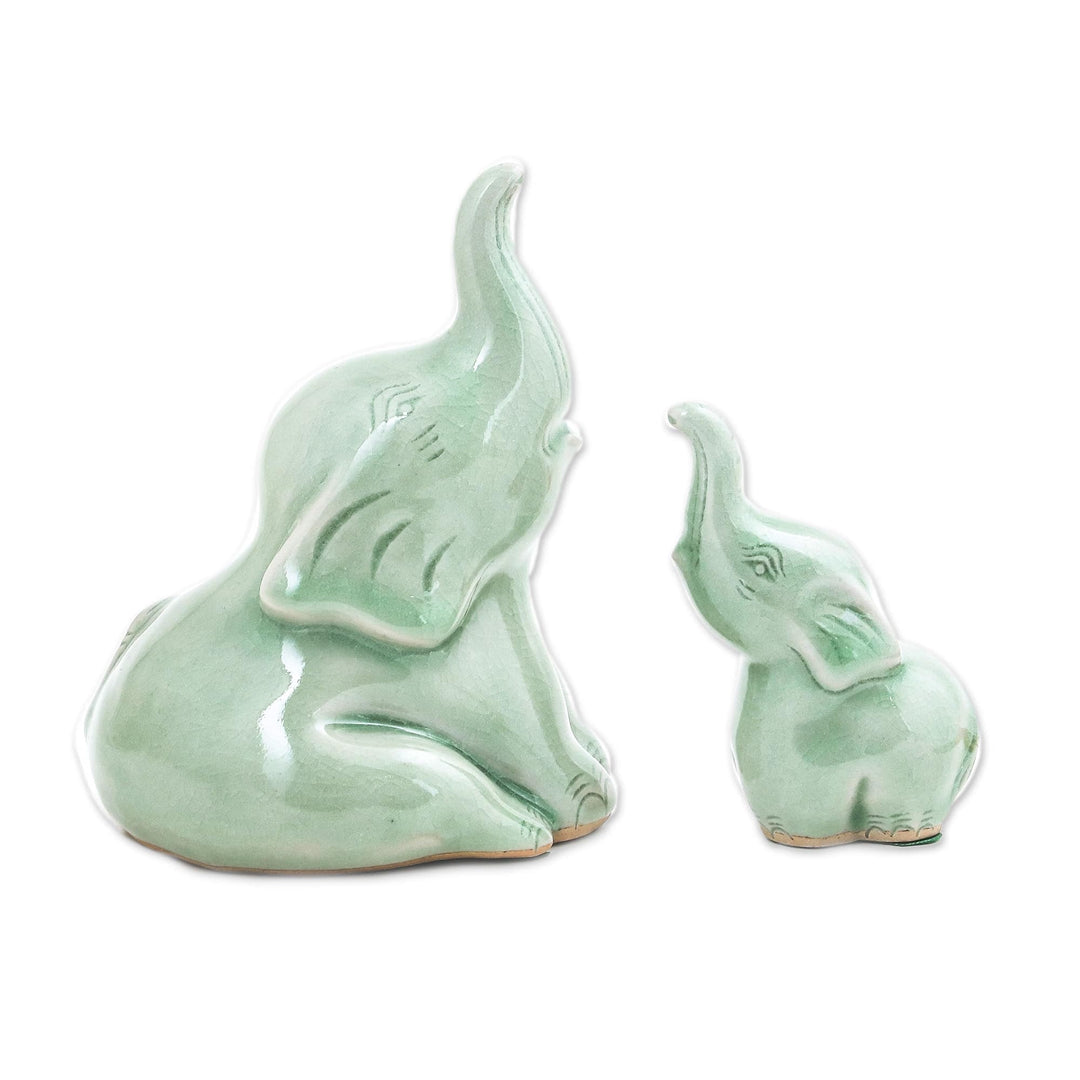 Celadon Ceramic Elephant Figurines from Thailand(Pair) - Mom and Baby