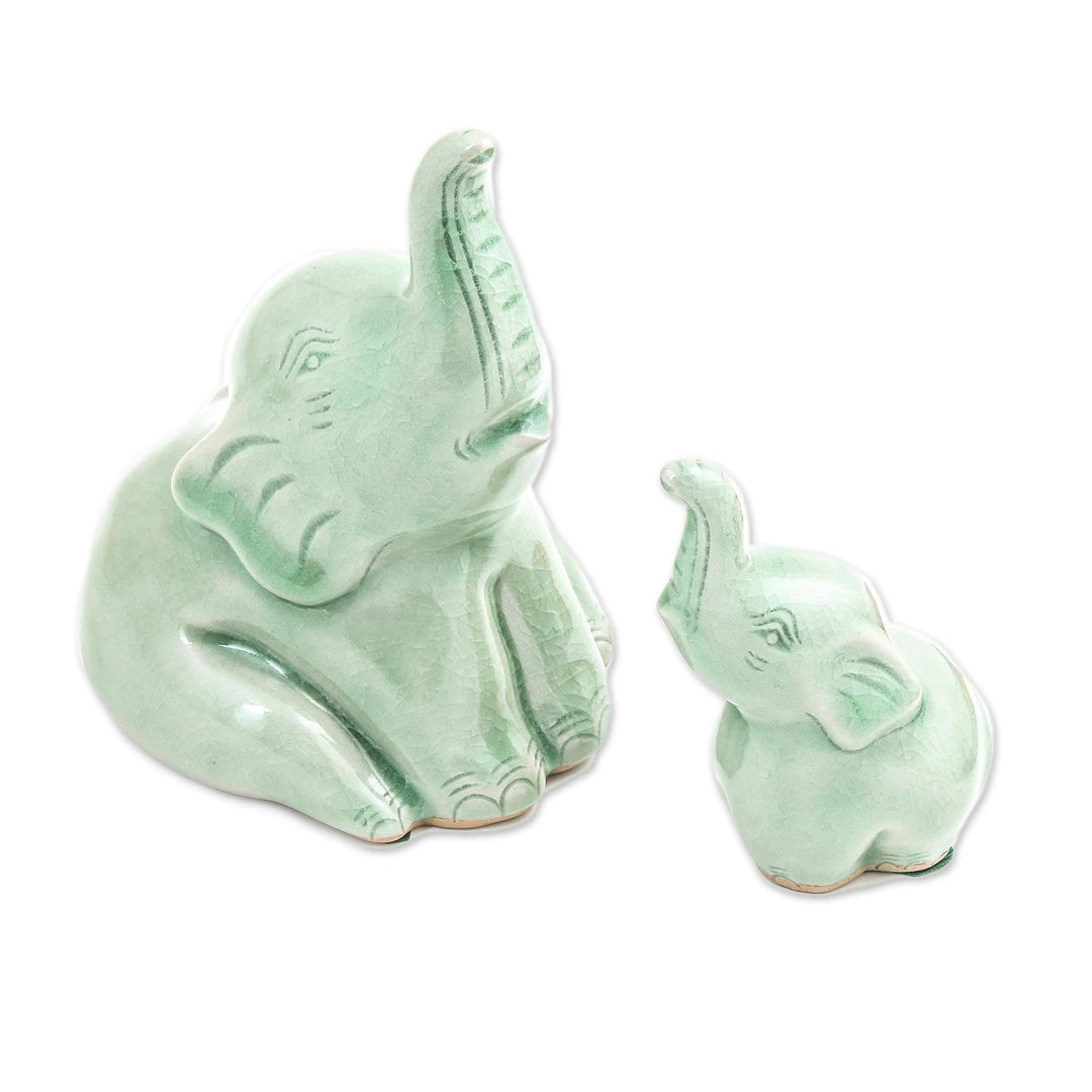 Celadon Ceramic Elephant Figurines from Thailand(Pair) - Mom and Baby