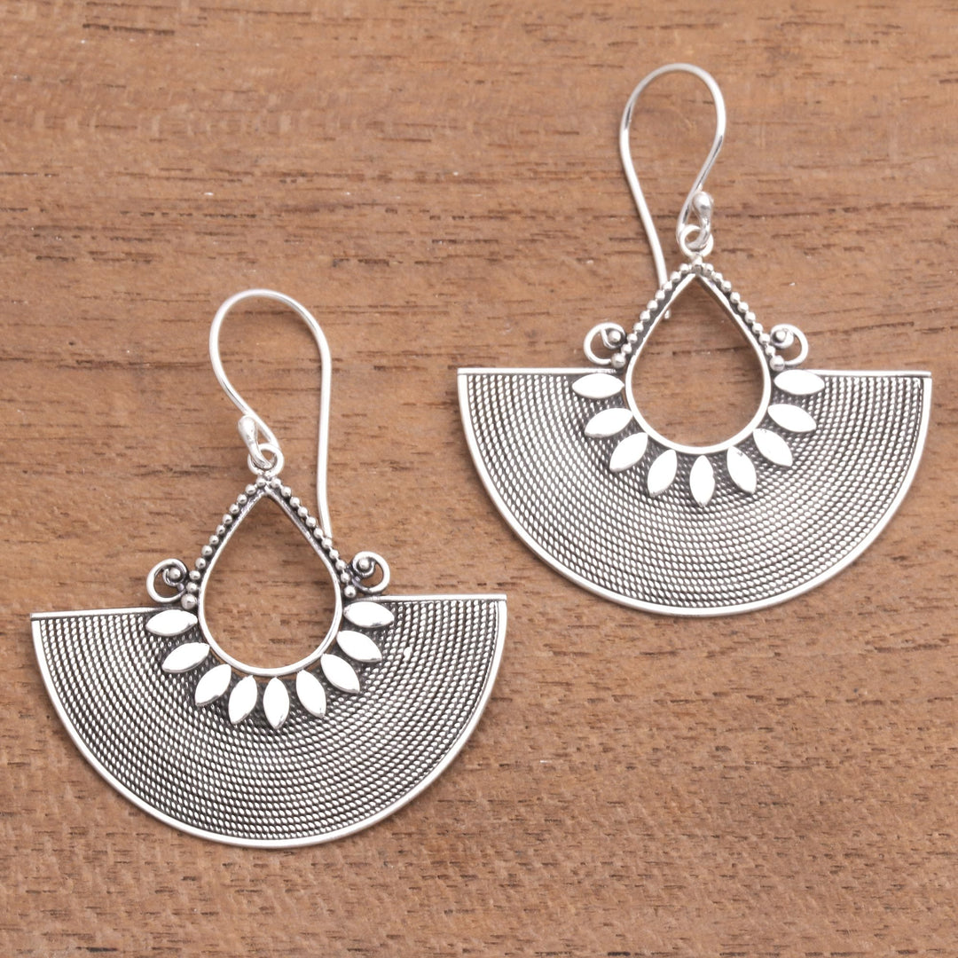 Ornate Fan Shaped Balinese Silver Dangle Earrings - Fan Dance