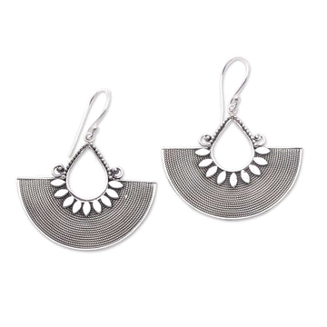 Ornate Fan Shaped Balinese Silver Dangle Earrings - Fan Dance