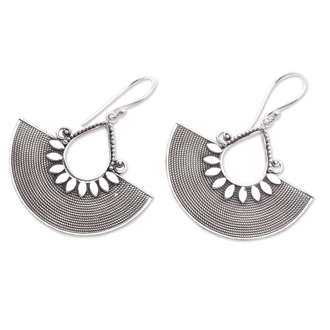 Ornate Fan Shaped Balinese Silver Dangle Earrings - Fan Dance