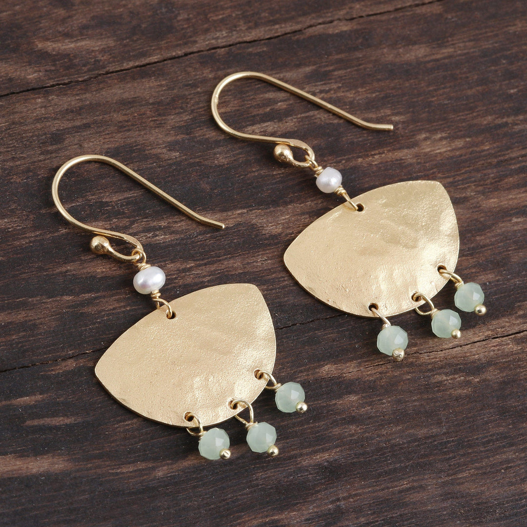 Gold Plated Chalcedony and Cultured Pearl Dangle Earrings - Gleaming Boats
