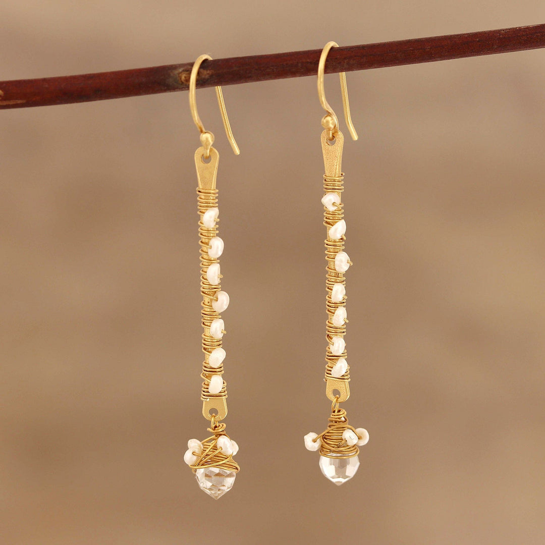Gold Plated Quartz and Cultured Pearl Beaded Dangle Earrings - Glitter and Glow