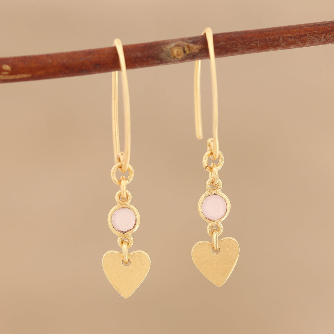 Gold Plated Rose Quartz Heart Dangle Earrings - Delightful Hearts