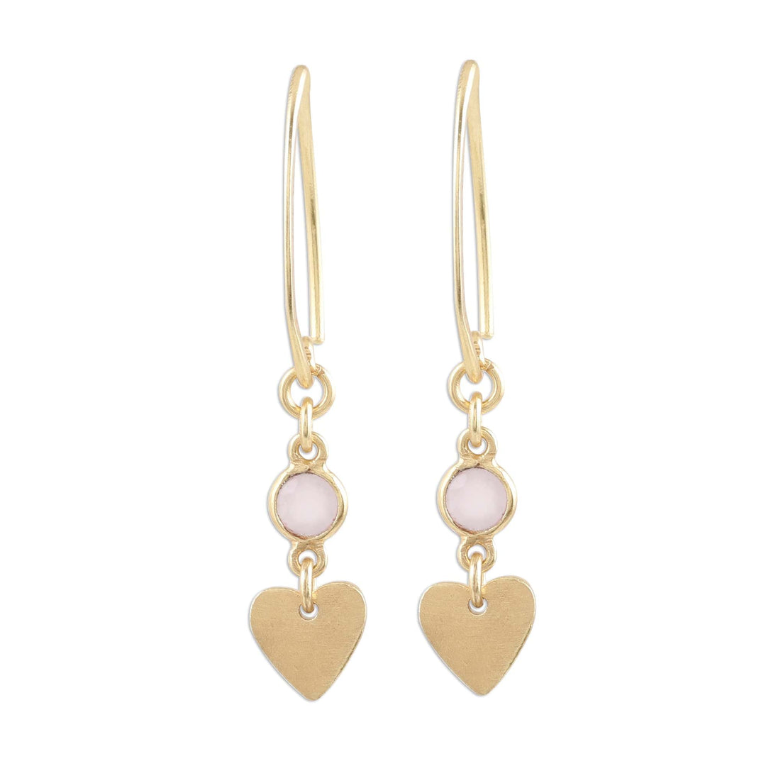 Gold Plated Rose Quartz Heart Dangle Earrings - Delightful Hearts
