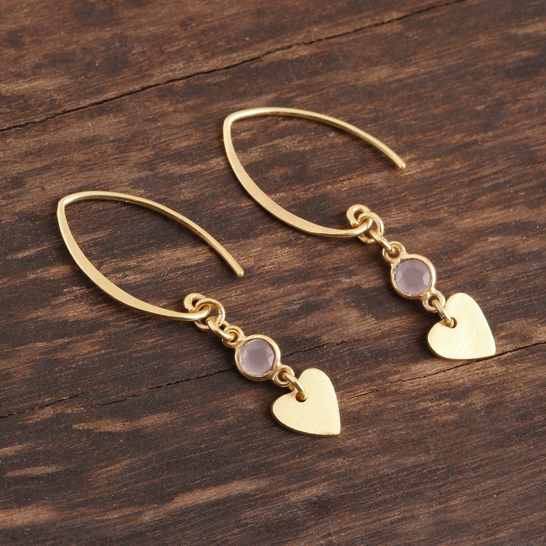 Gold Plated Rose Quartz Heart Dangle Earrings - Delightful Hearts