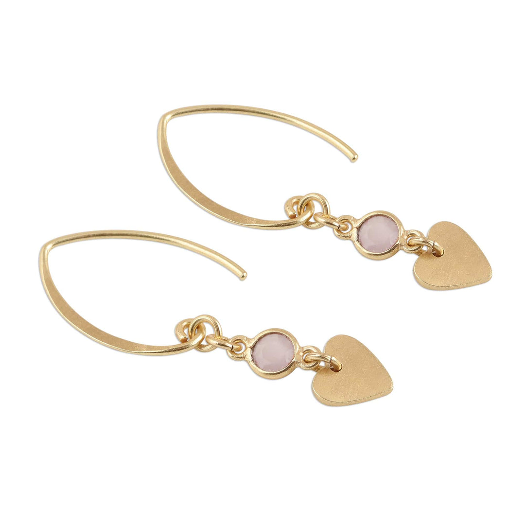 Gold Plated Rose Quartz Heart Dangle Earrings - Delightful Hearts