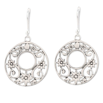 Circular Floral Sterling Silver Dangle Earrings - Floral Round