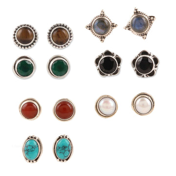 Set of 7 Gemstone Stud Earrings from India - Elegant Pairs