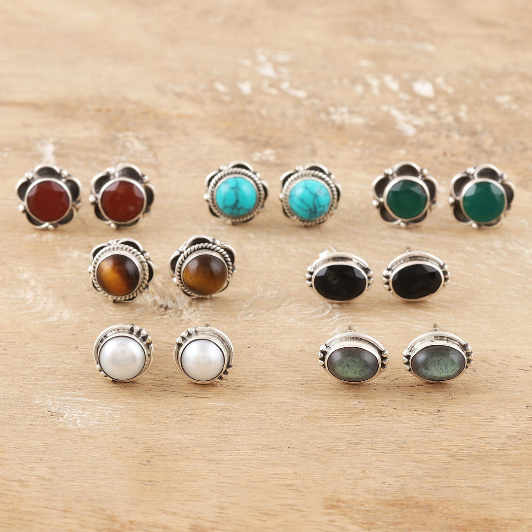 Artisan Crafted Multi-Gemstone Stud Earrings (Set of 7) - Everyday Pairs
