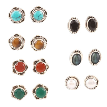 Artisan Crafted Multi-Gemstone Stud Earrings (Set of 7) - Everyday Pairs