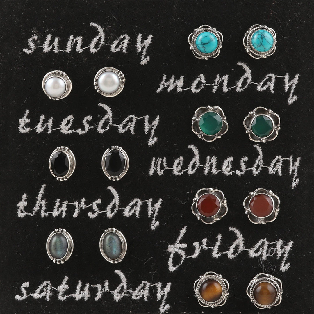 Artisan Crafted Multi-Gemstone Stud Earrings (Set of 7) - Everyday Pairs