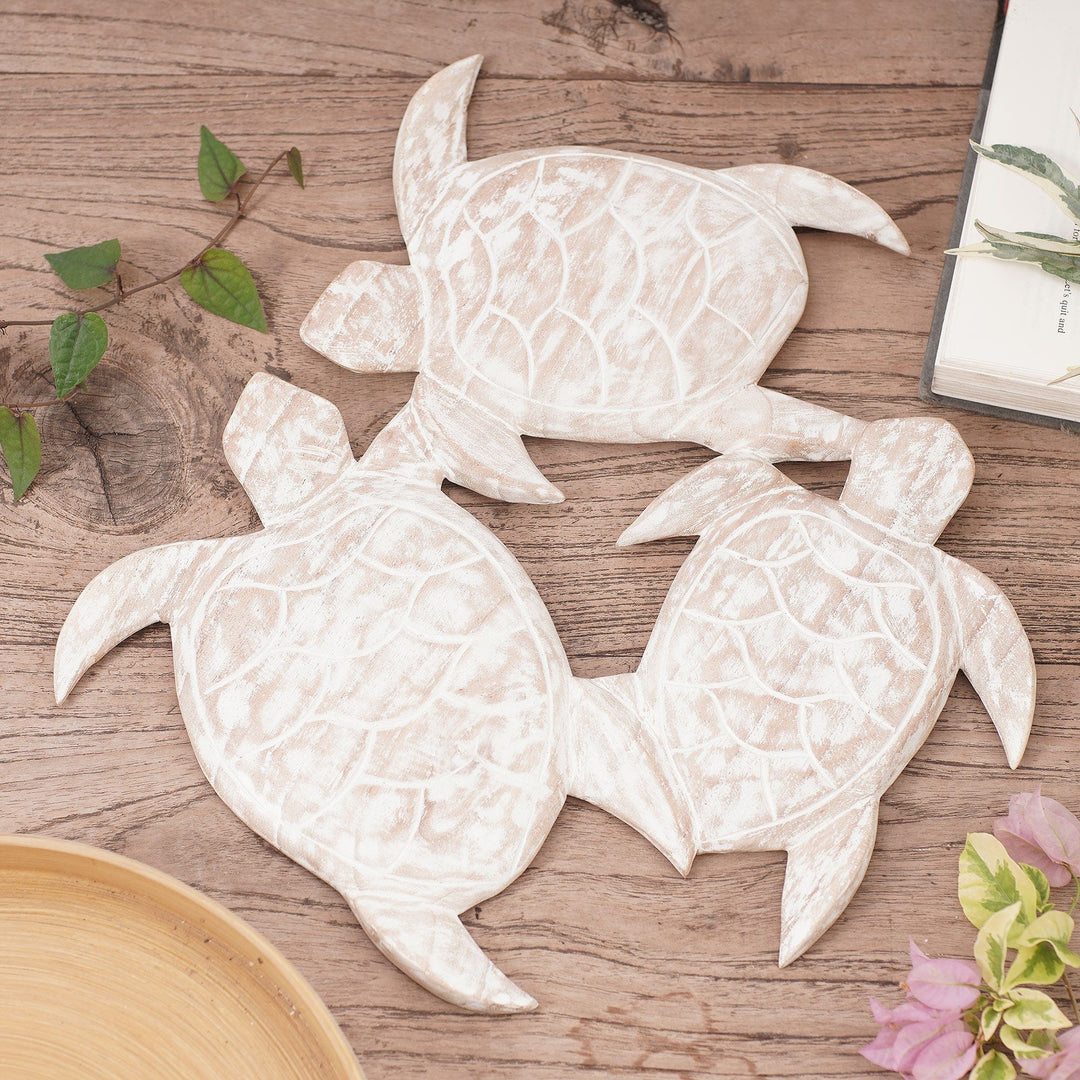 Whitewashed Wood Sea Turtle Relief Panel from Bali - Three Sea Turtles