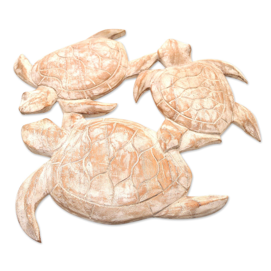 Whitewashed Wood Sea Turtle Relief Panel from Bali - Three Sea Turtles