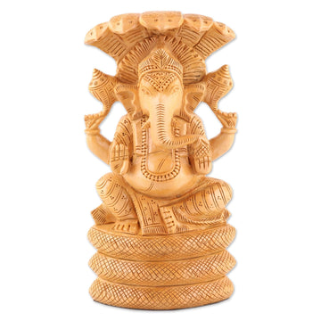 Ganesha and Serpent-Themed Kadam Wood Sculpture - Seshnag