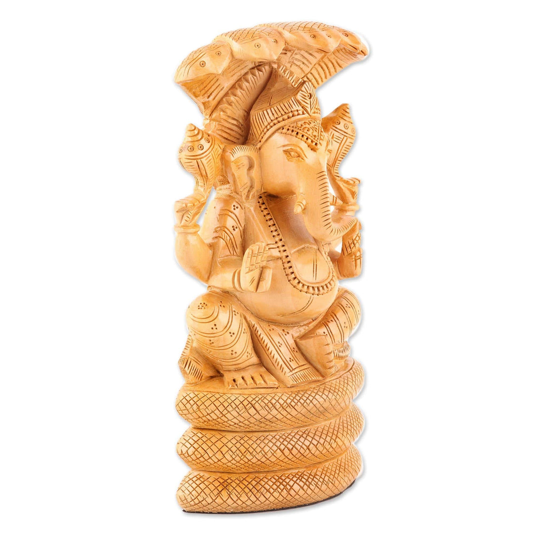 Ganesha and Serpent-Themed Kadam Wood Sculpture - Seshnag