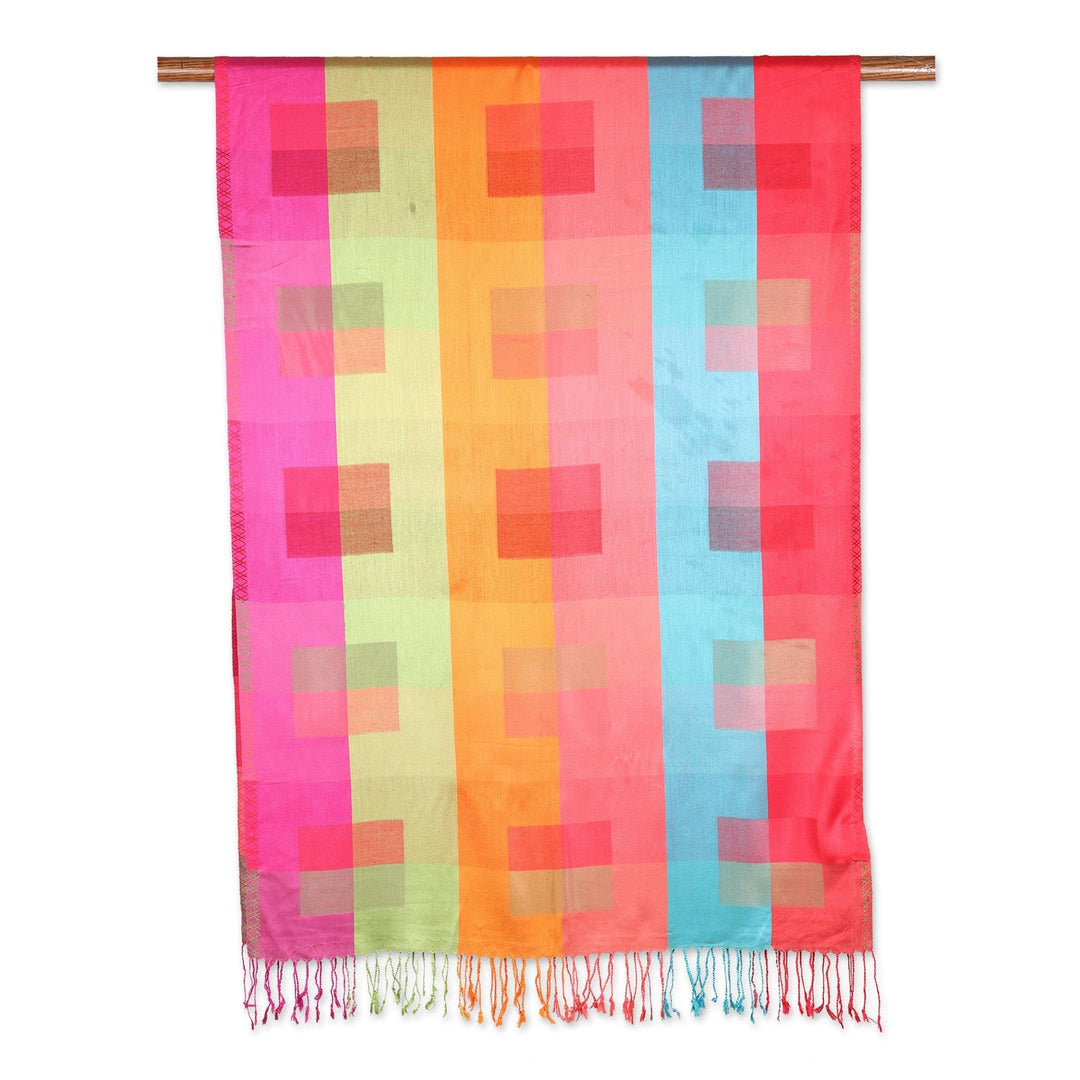 Multicolored Viscose Shawl - Colorful Kaleidoscope Squares