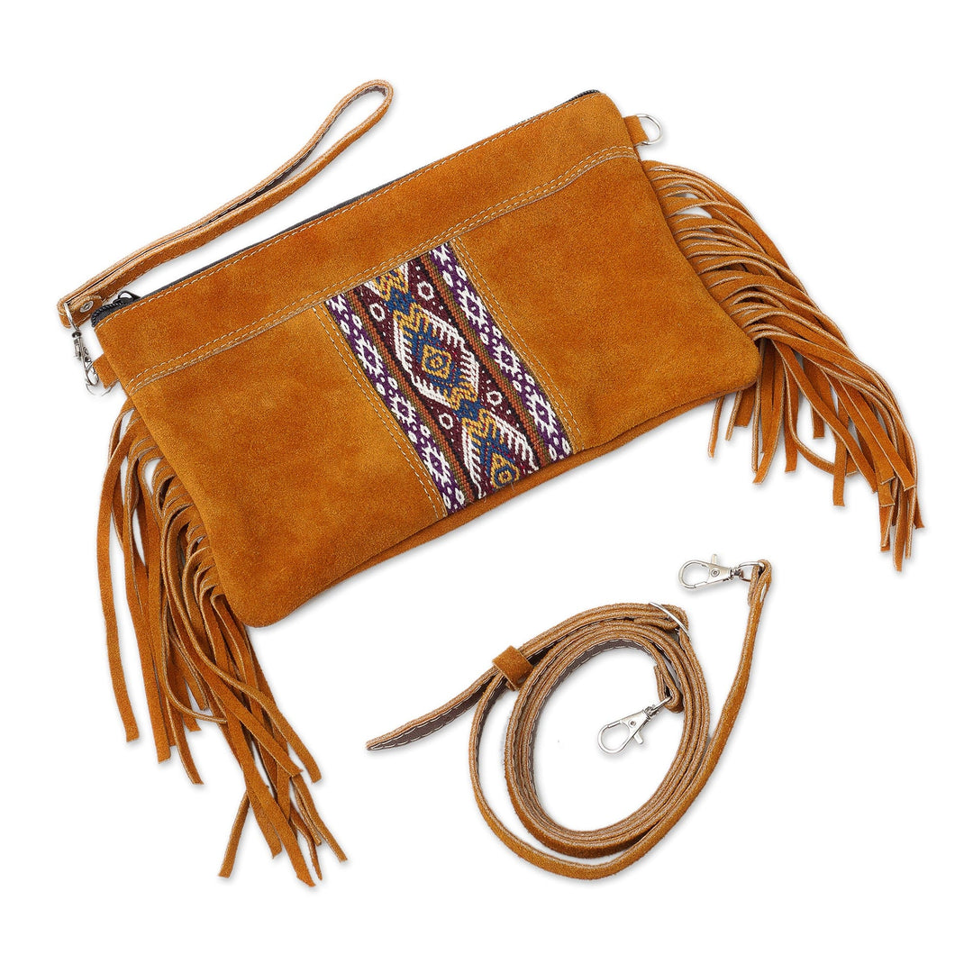 Fringed Wool Accented Suede Handbag in Golden Brown - Golden Brown Fringe