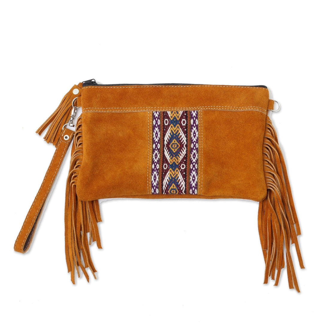 Fringed Wool Accented Suede Handbag in Golden Brown - Golden Brown Fringe