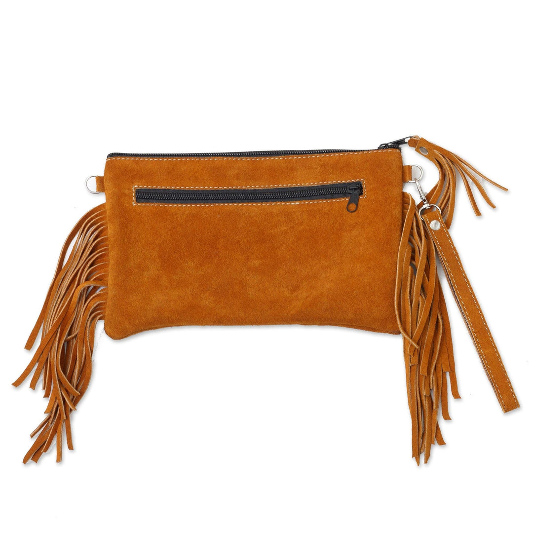 Fringed Wool Accented Suede Handbag in Golden Brown - Golden Brown Fringe