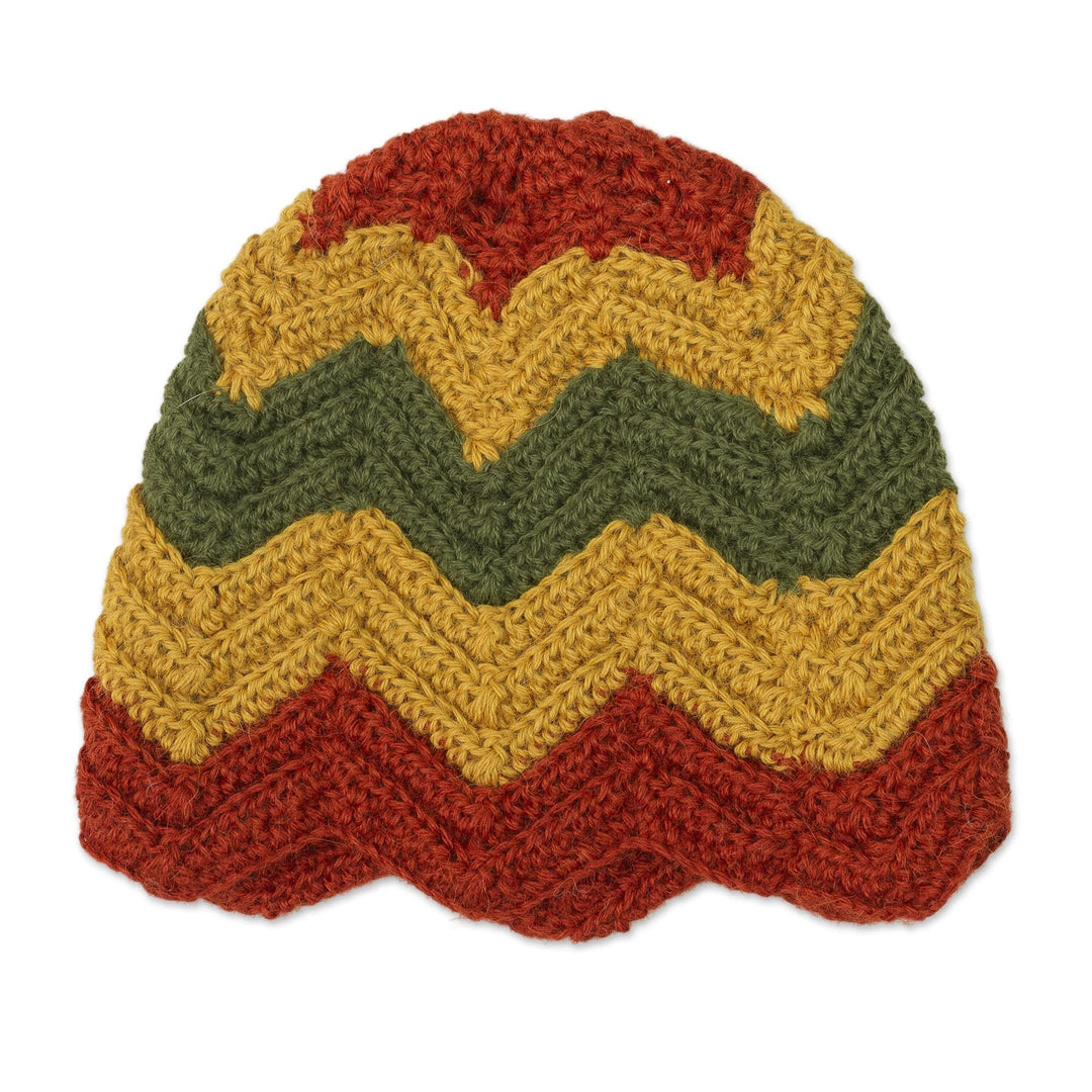 Green Red and Gold Chevron Pattern 100% Alpaca Crocheted Hat - Chevron Stunner
