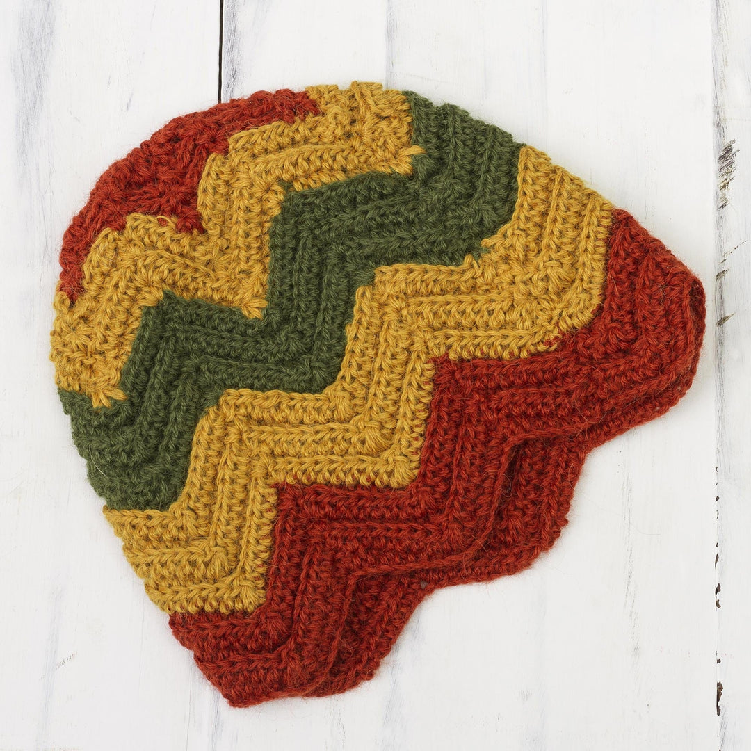 Green Red and Gold Chevron Pattern 100% Alpaca Crocheted Hat - Chevron Stunner