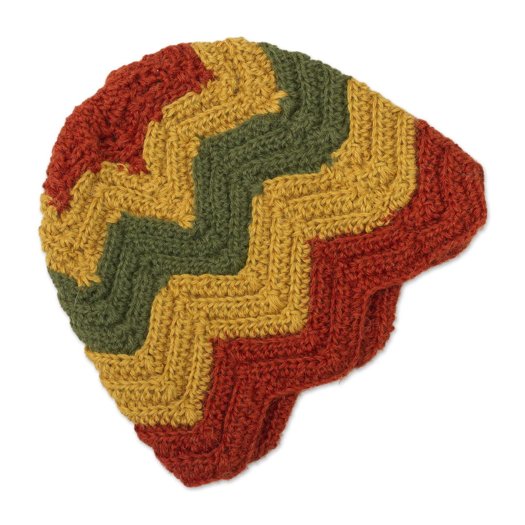 Green Red and Gold Chevron Pattern 100% Alpaca Crocheted Hat - Chevron Stunner