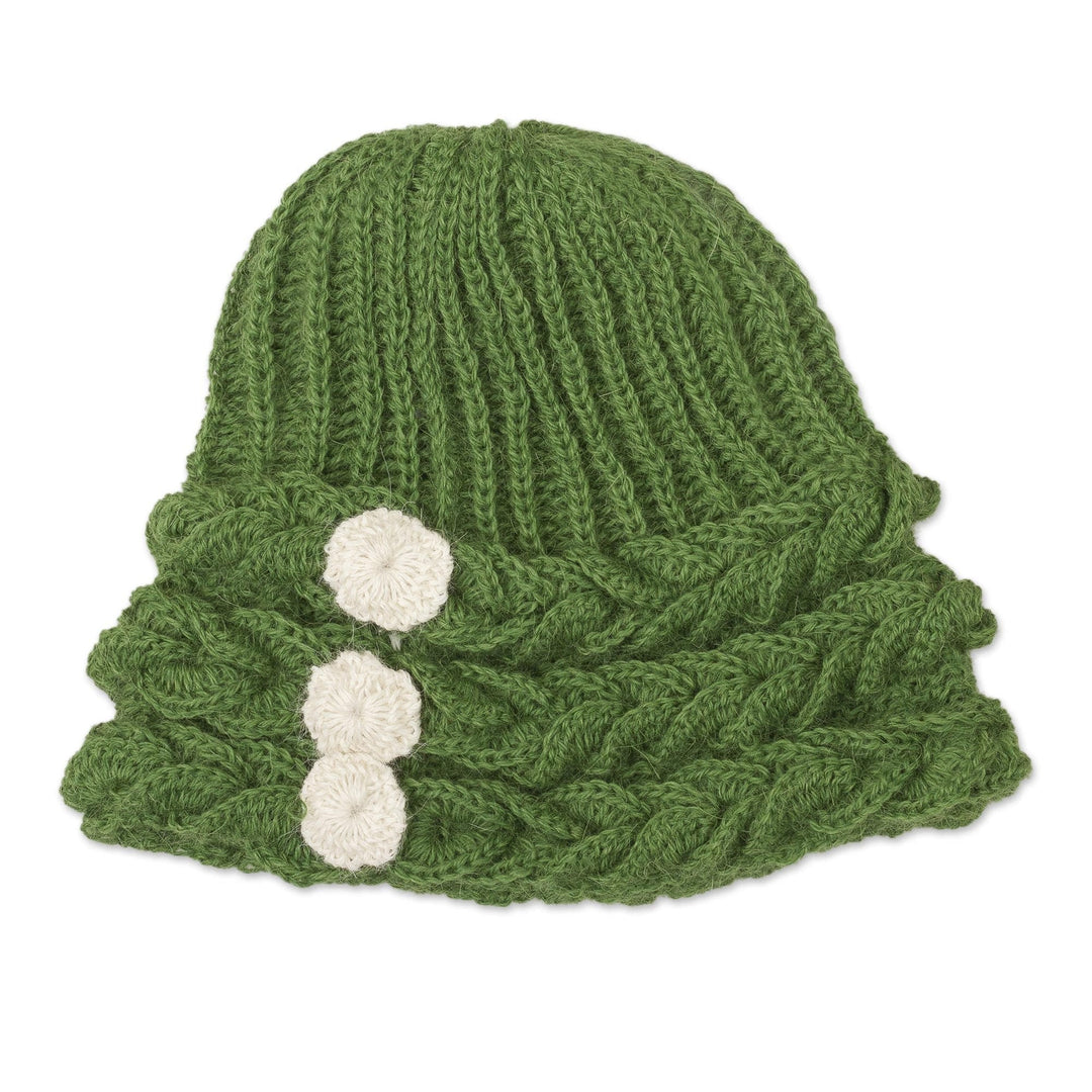 Moss Green Rib and Braid Pattern 100% Alpaca Crocheted Hat - Garden Joy