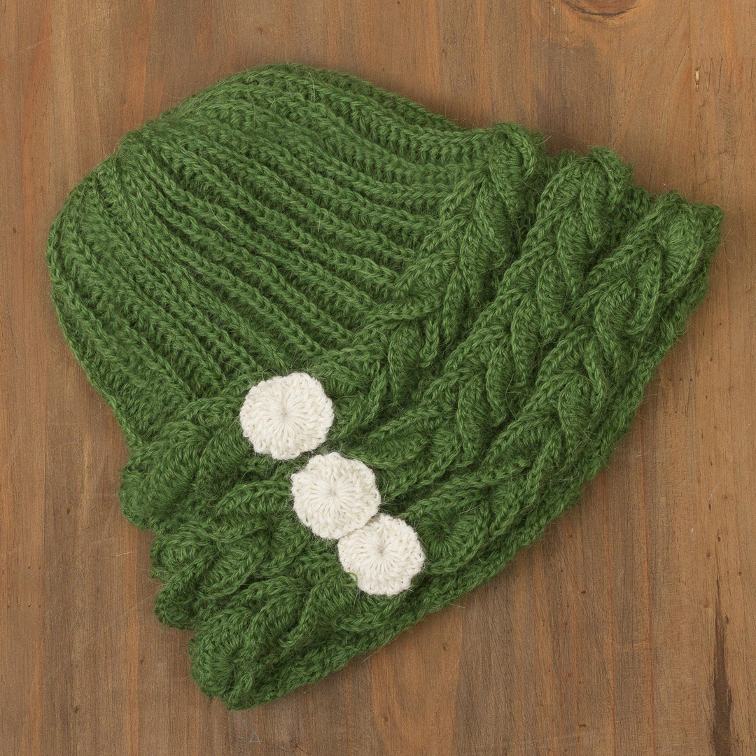 Moss Green Rib and Braid Pattern 100% Alpaca Crocheted Hat - Garden Joy