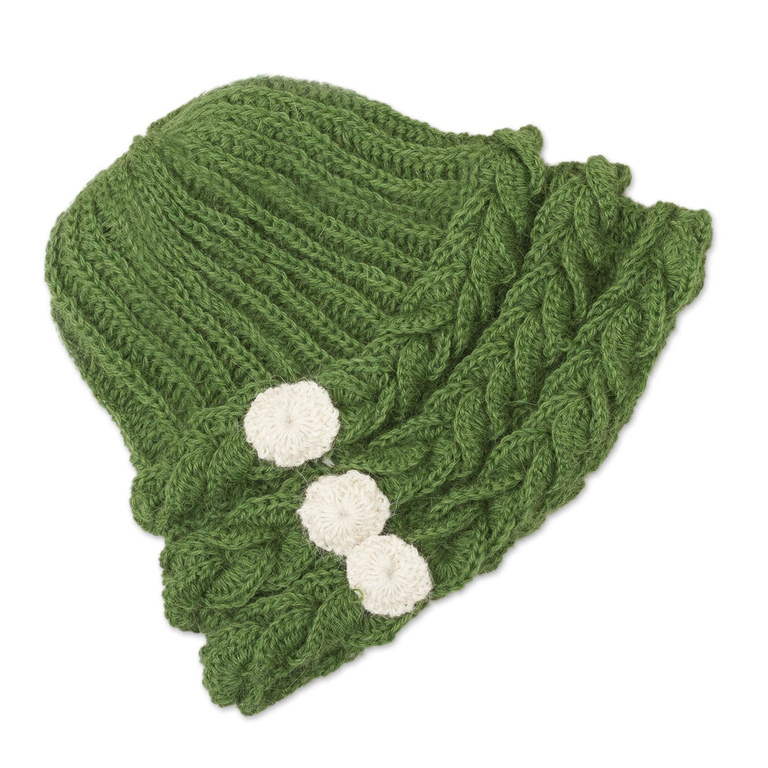 Moss Green Rib and Braid Pattern 100% Alpaca Crocheted Hat - Garden Joy