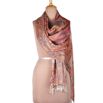 Paisley and Floral Jacquard Woven Shawl in Melon and Rose - Floral Paisley