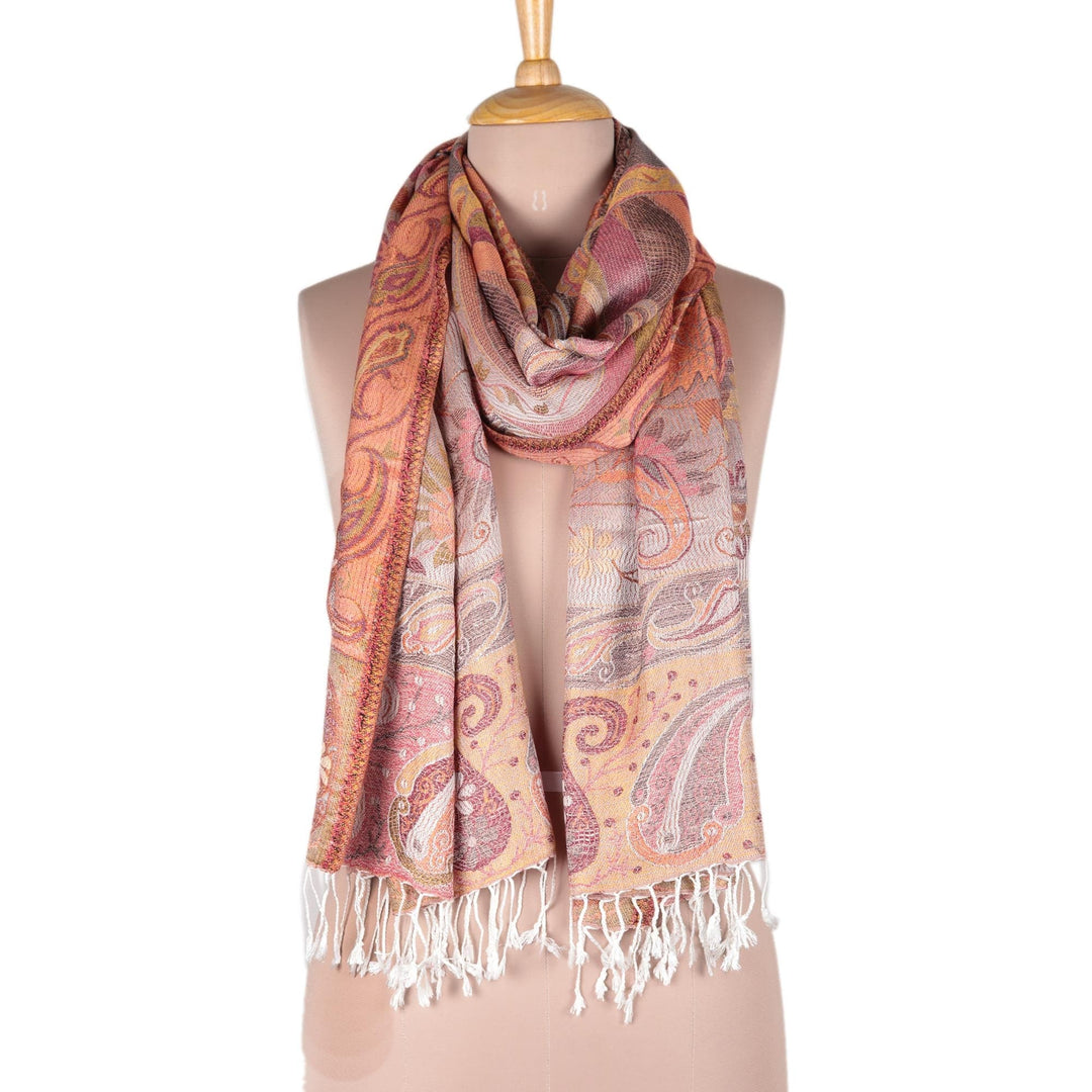 Paisley and Floral Jacquard Woven Shawl in Melon and Rose - Floral Paisley