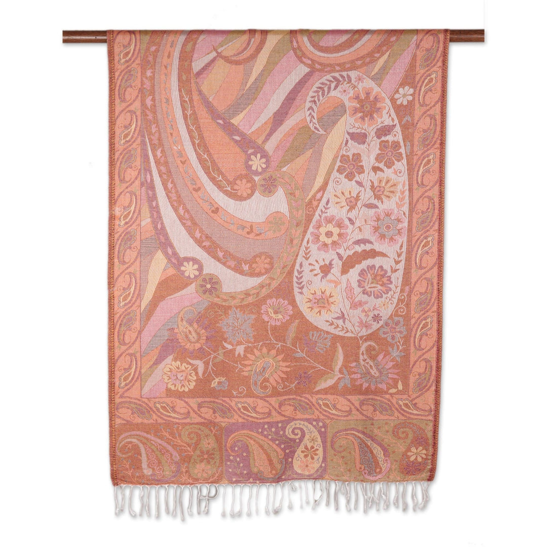 Paisley and Floral Jacquard Woven Shawl in Melon and Rose - Floral Paisley