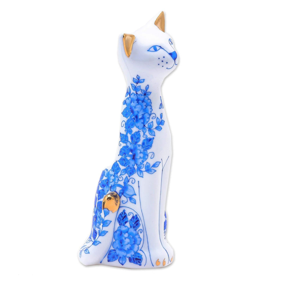 Floral Gilded Porcelain Cat Vase from Thailand - Regal Cat