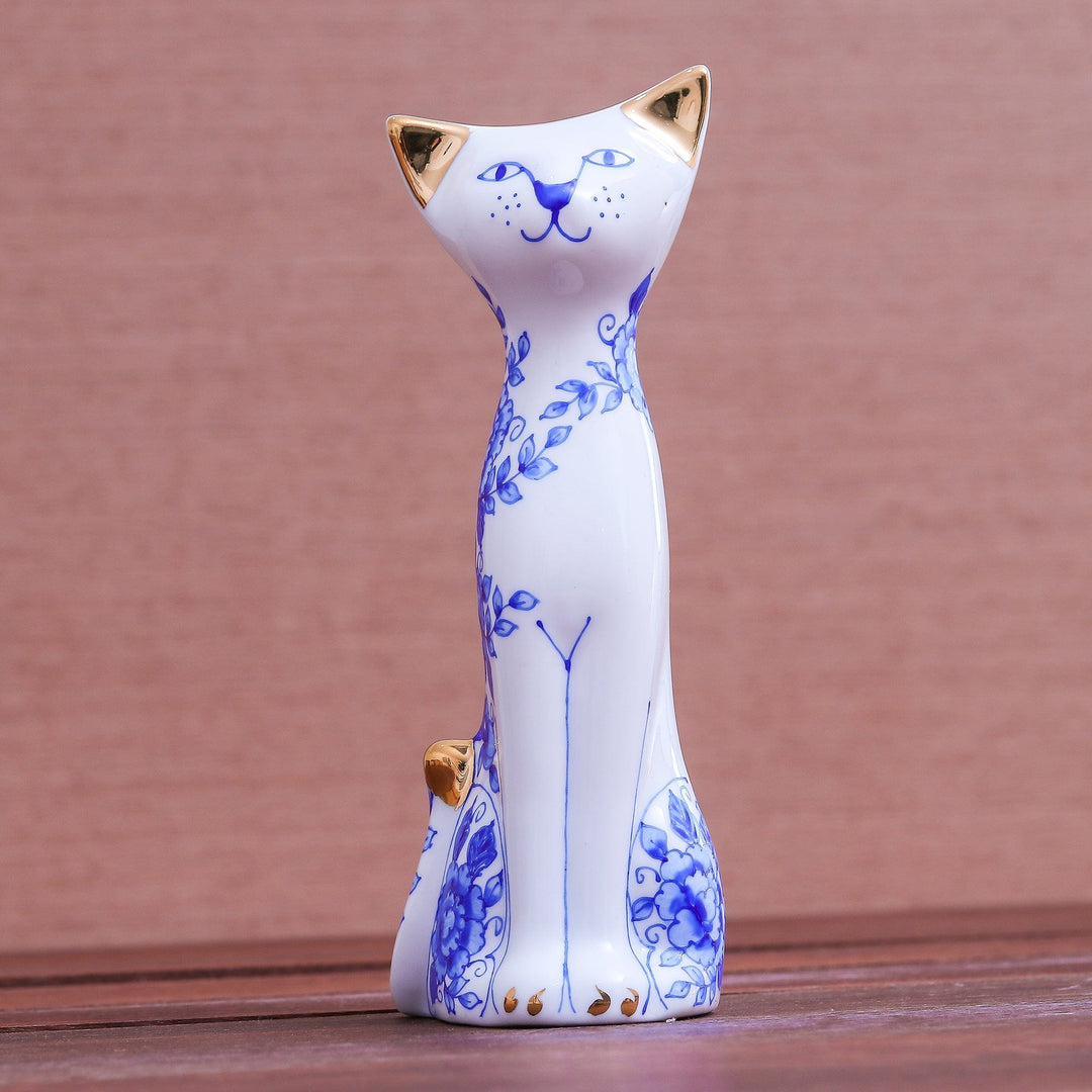 Floral Gilded Porcelain Cat Vase from Thailand - Regal Cat