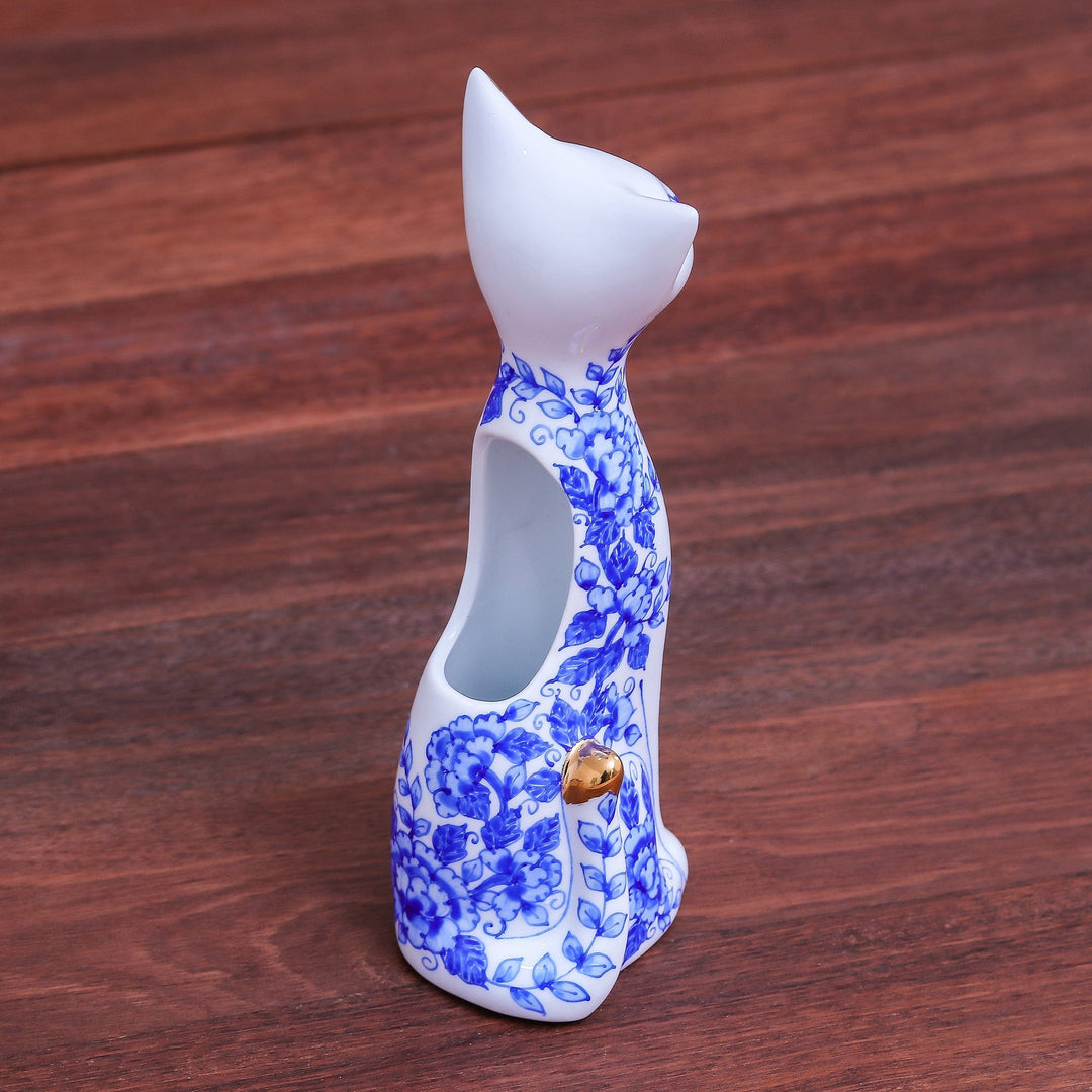 Floral Gilded Porcelain Cat Vase from Thailand - Regal Cat