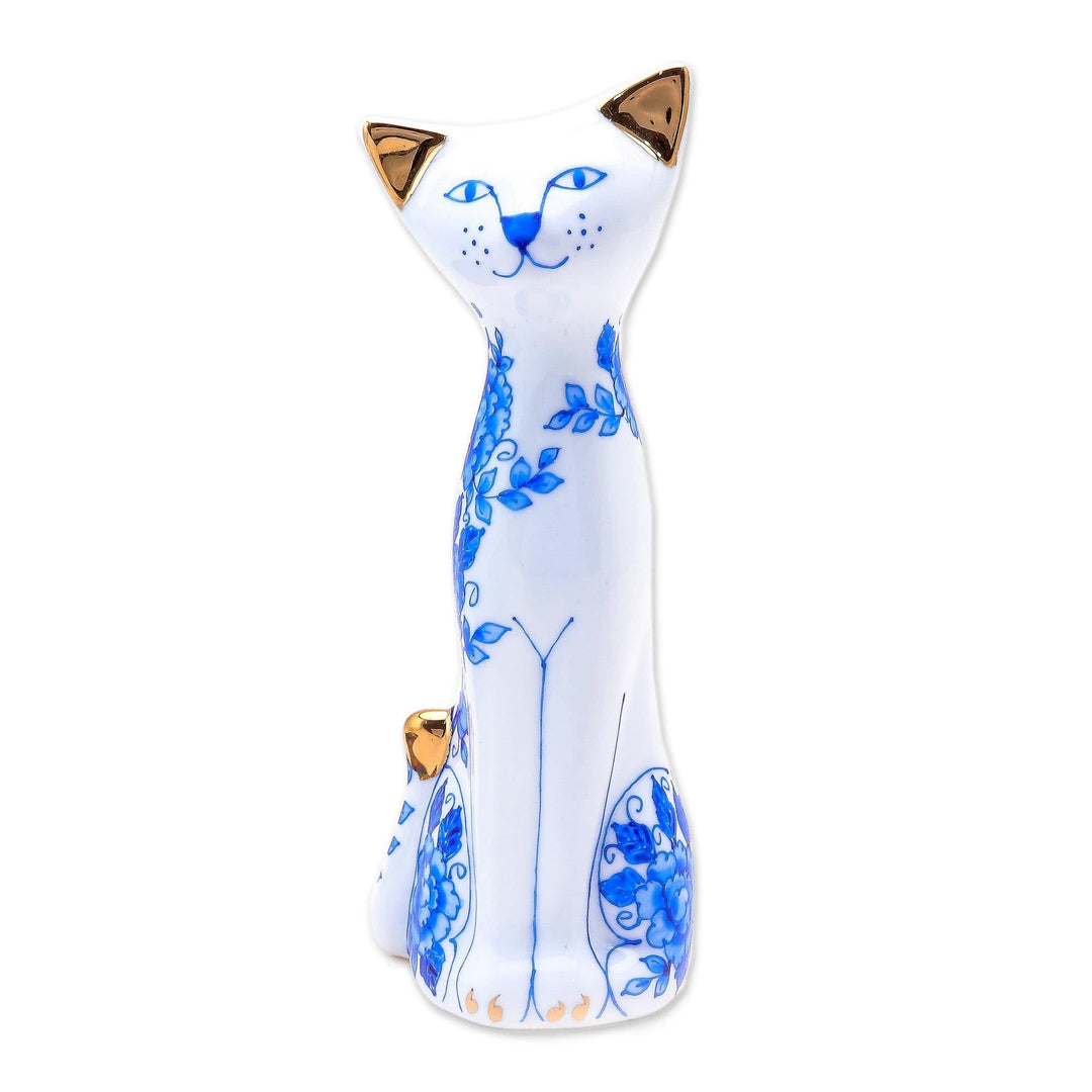 Floral Gilded Porcelain Cat Vase from Thailand - Regal Cat