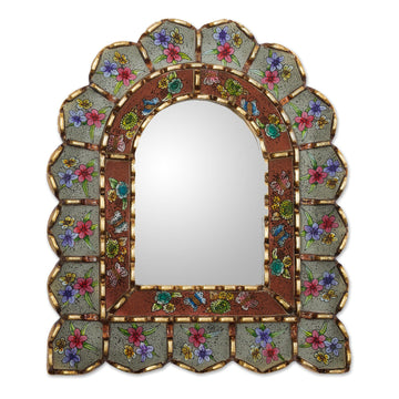 Reverse-Painted Glass Wood Wall Mirror with Floral Motifs - Sweet Arrangement