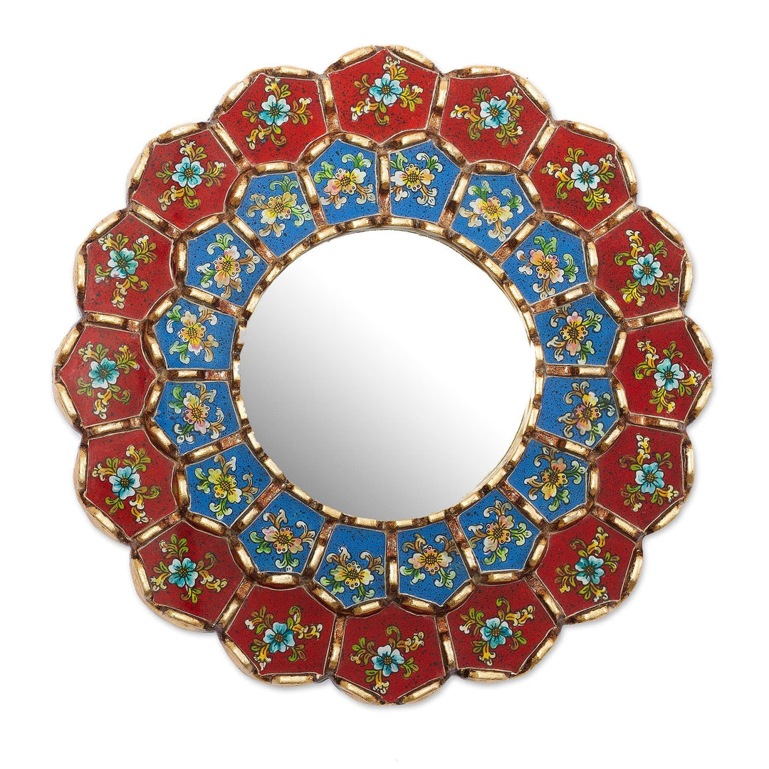 Glass and Wood Wall Mirror with Painted Flowers - Colorful Arrangement