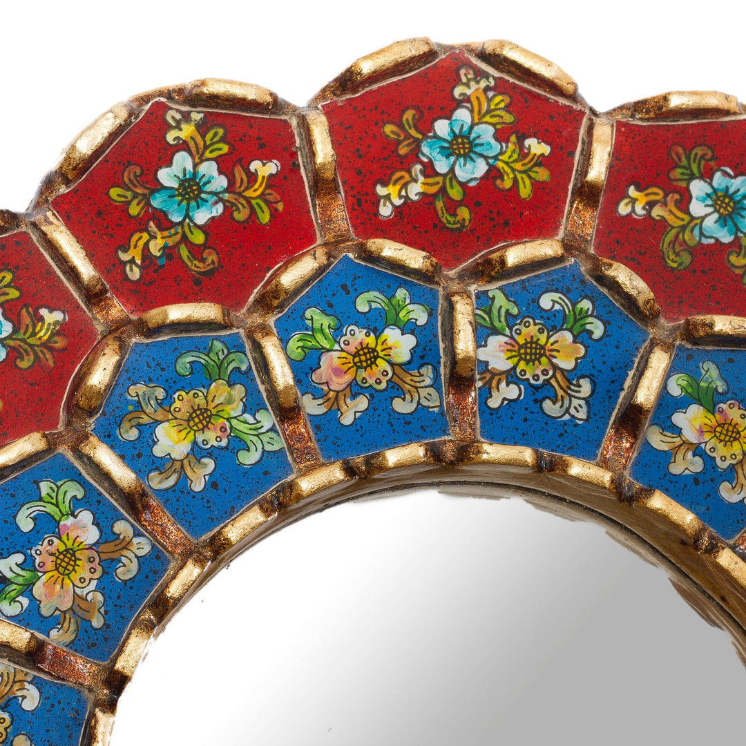 Glass and Wood Wall Mirror with Painted Flowers - Colorful Arrangement