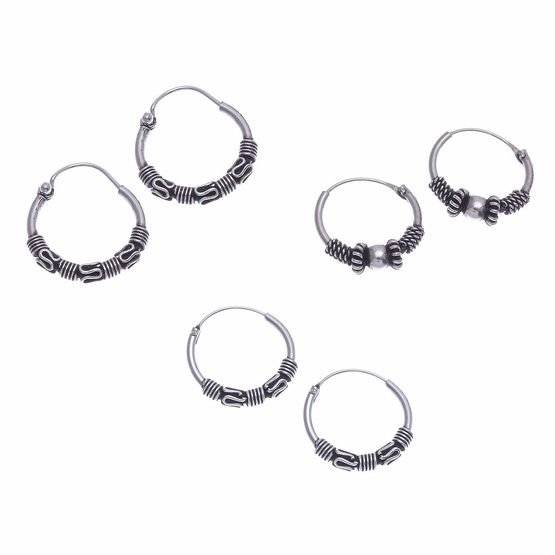 Traditional Thai Sterling Silver Hoop Earrings (Set of 3) - Traditional Thailand