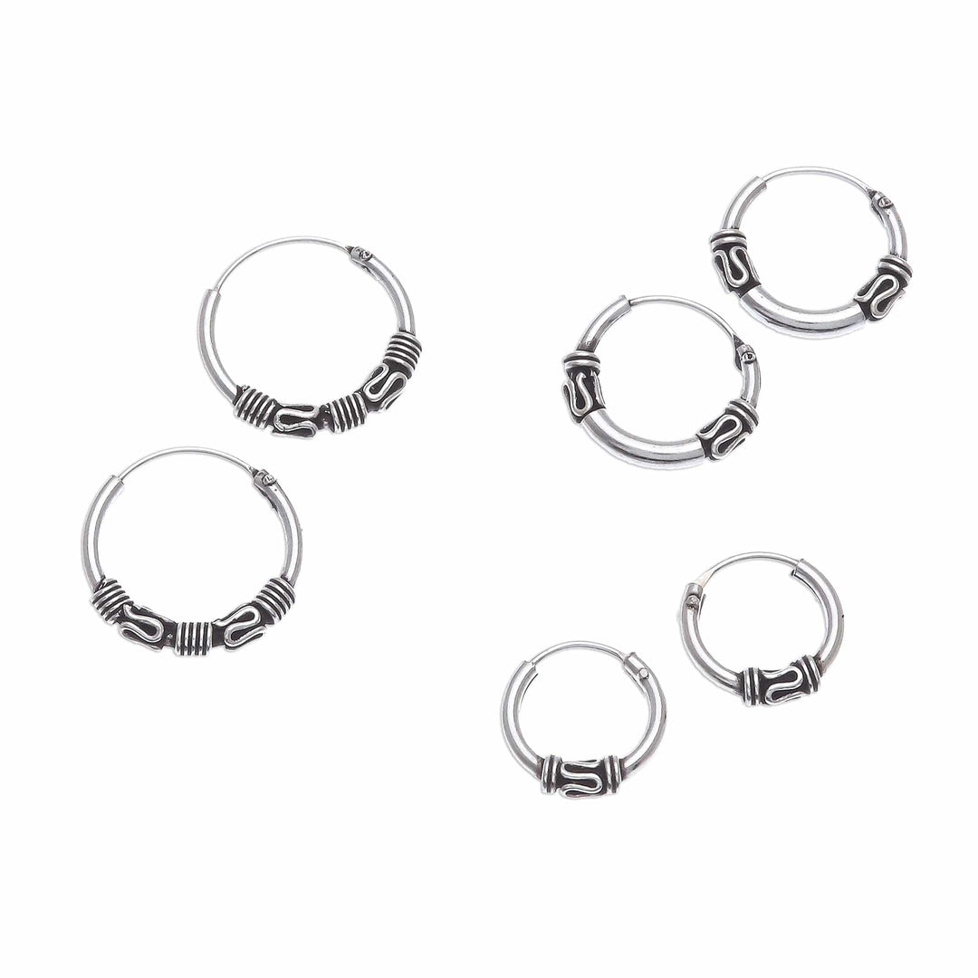 Wave Pattern Sterling Silver Hoop Earrings (Set of 3) - Thai Tradition