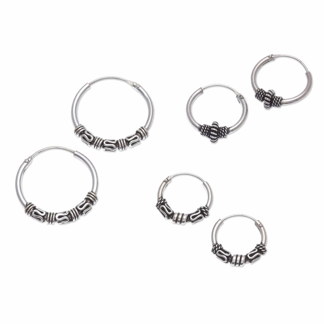 Handcrafted Sterling Silver Hoop Earrings (Set of 3) - Thai Intricacy