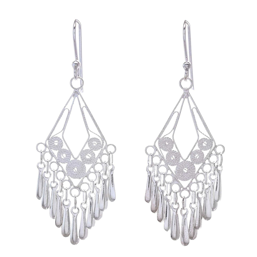 Diamond-Shaped Sterling Silver Filigree Chandelier Earrings - Diamond Swing