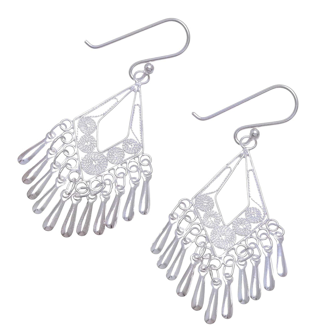 Diamond-Shaped Sterling Silver Filigree Chandelier Earrings - Diamond Swing