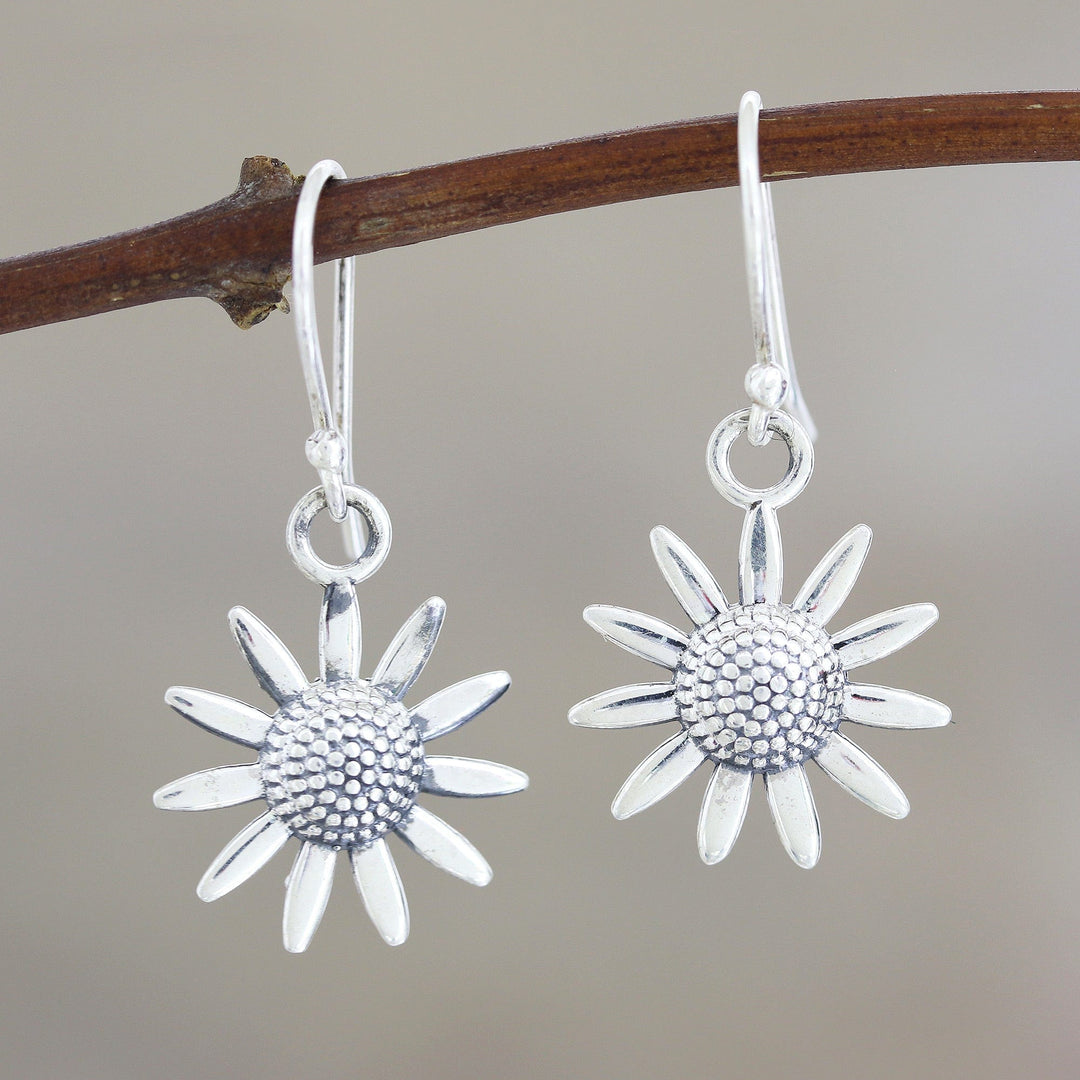 Sterling Silver Sunflower Dangle Earrings from India - Sunflower Glitter