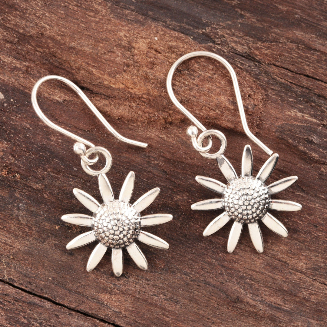 Sterling Silver Sunflower Dangle Earrings from India - Sunflower Glitter