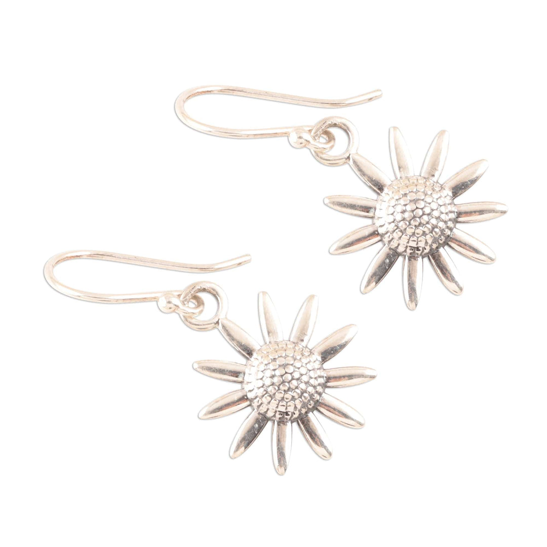 Sterling Silver Sunflower Dangle Earrings from India - Sunflower Glitter